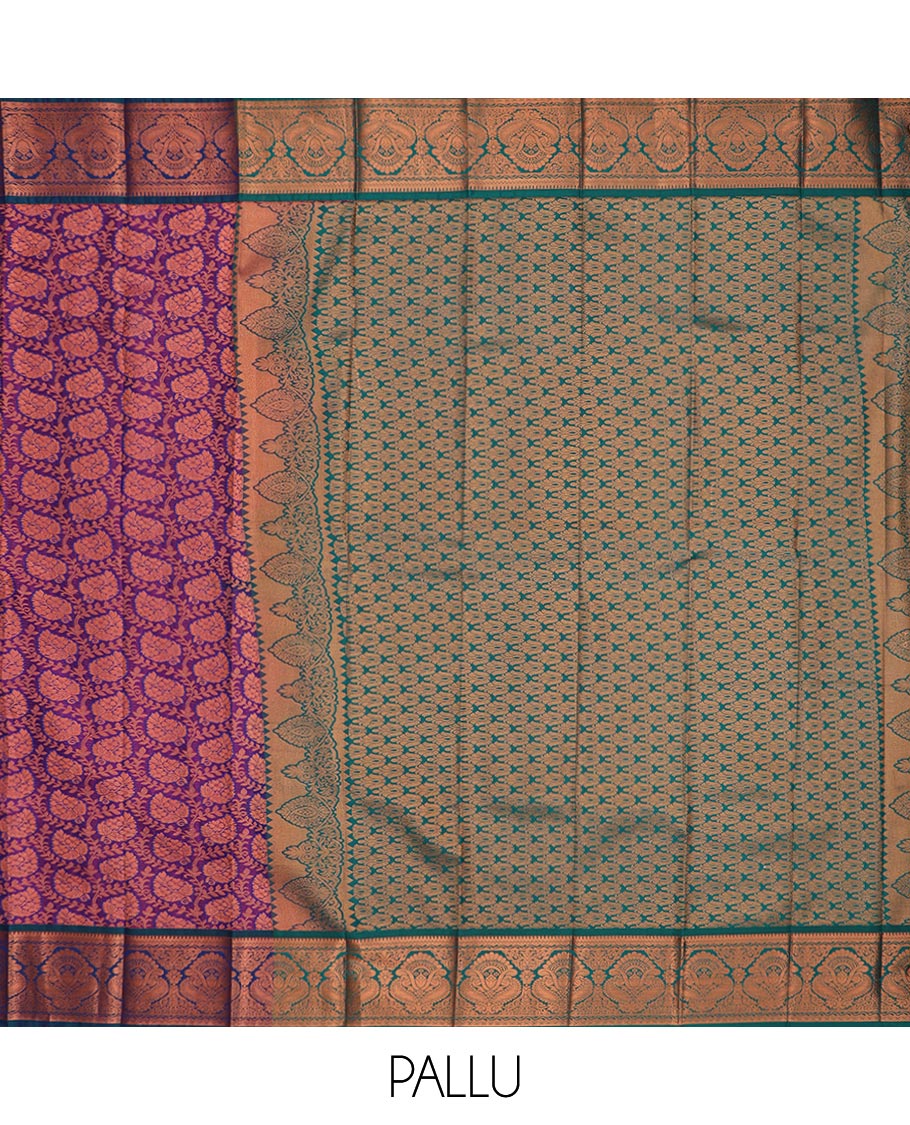 Purple leaf jacquard gift saree, contrast traditional zari design border, and intricate pallu