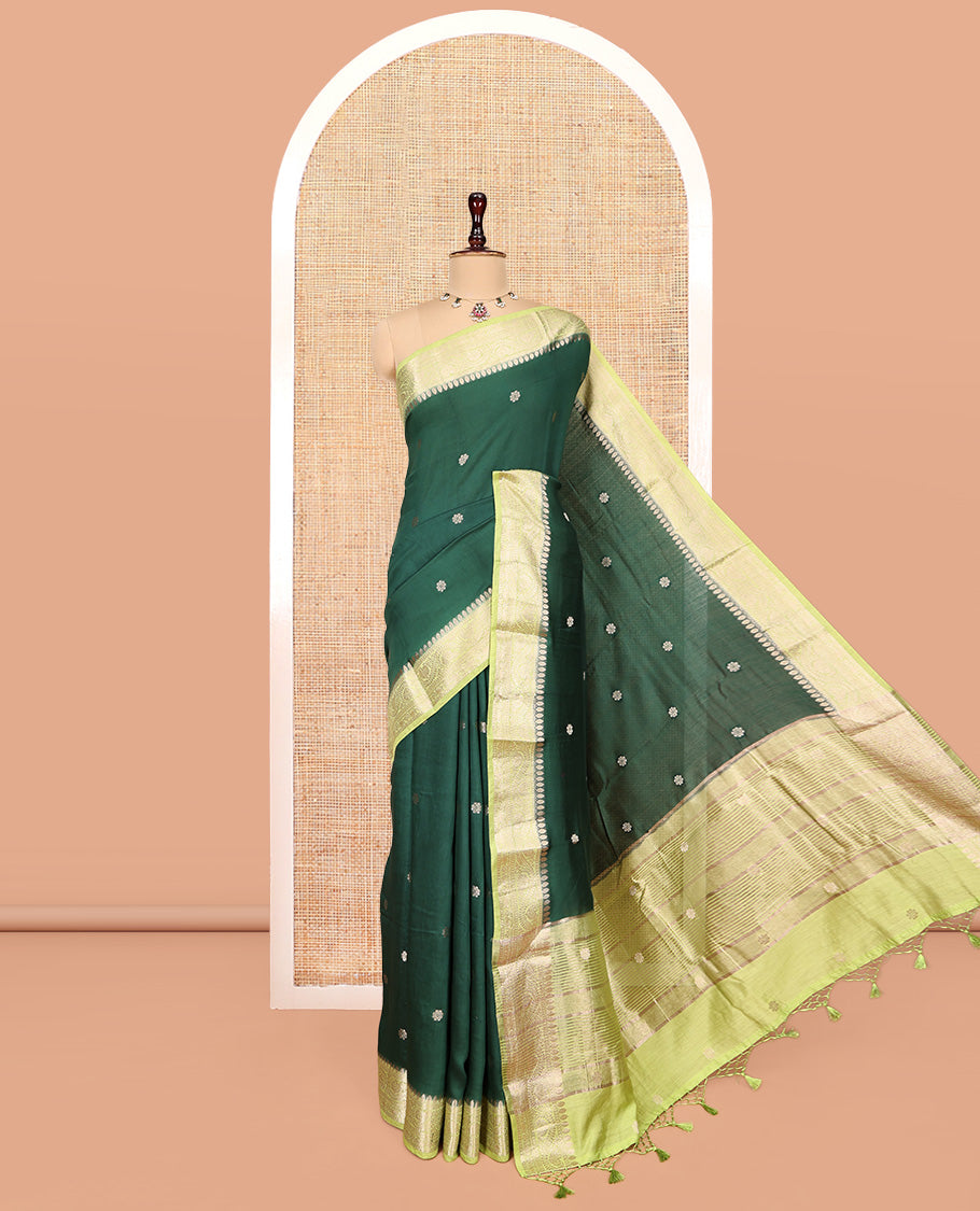 Green Assam Silk Saree, Bedecked with Zari Buttas, Complemented by a Contrast Zari Traditional Border, Zari-Striped Pallu, and a Contrast Blouse