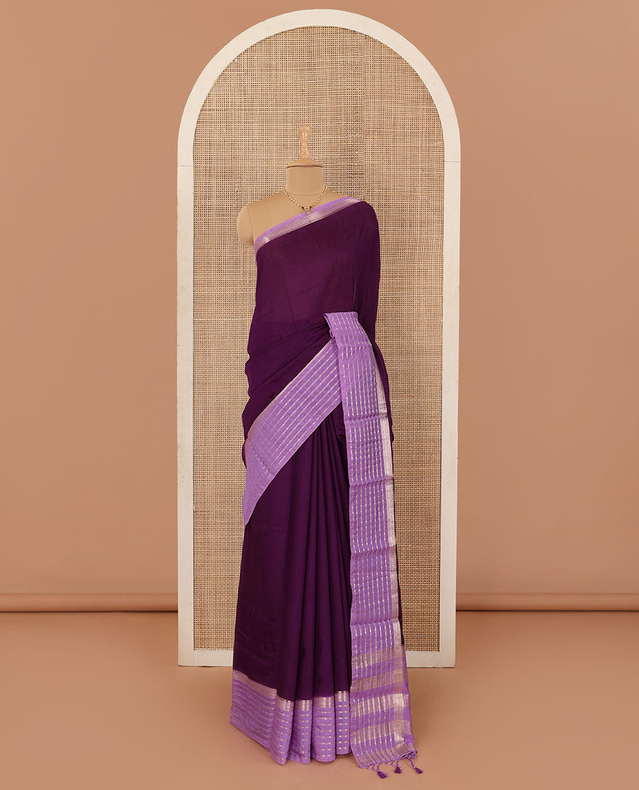 Eggplant purple plain Assam silk saree, contrast traditional design border, and pallu of stripes