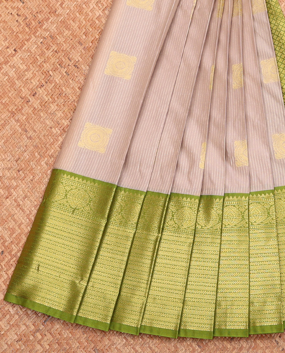 Grey Budget Silk Saree, Sparsely Decked with Zari Buttas, Complemented by a Contrast Traditional Zari Border, Jaal Pallu, and Contrast Blouse