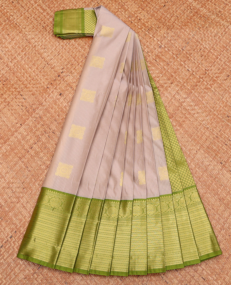 Grey Budget Silk Saree, Sparsely Decked with Zari Buttas, Complemented by a Contrast Traditional Zari Border, Jaal Pallu, and Contrast Blouse