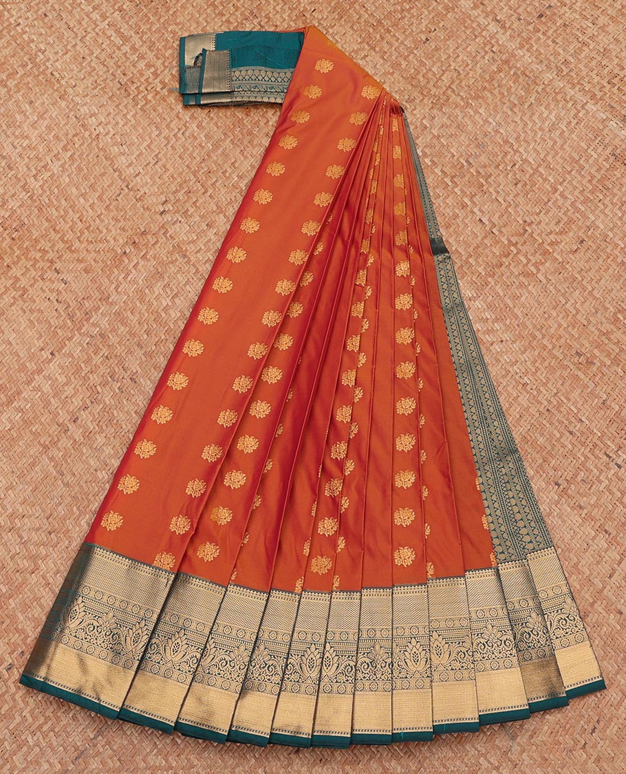 Orange Budget Silk Saree, Beautified with Zari Buttas, Complemented by Contrast Traditional Zari Border, Geometric Pallu, and Contrast Blouse