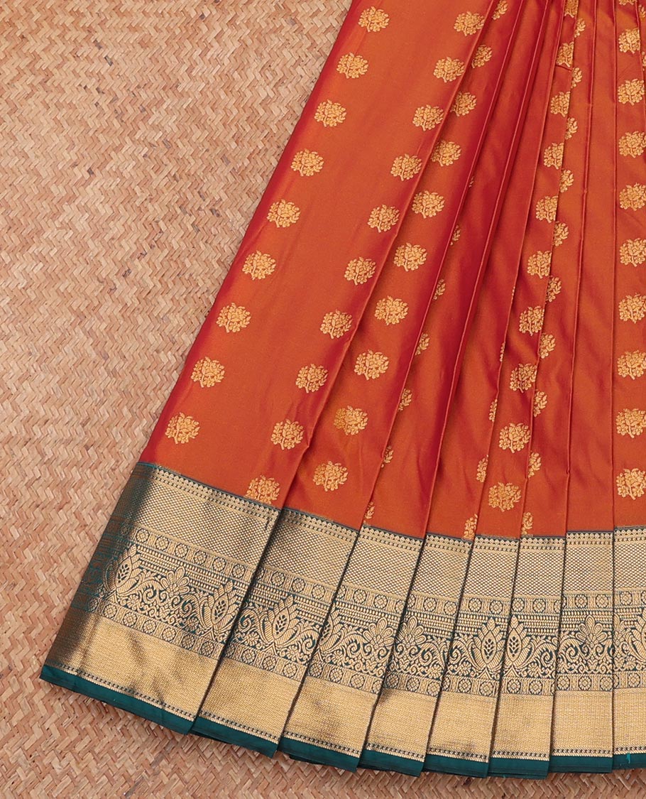 Orange Budget Silk Saree, Beautified with Zari Buttas, Complemented by Contrast Traditional Zari Border, Geometric Pallu, and Contrast Blouse