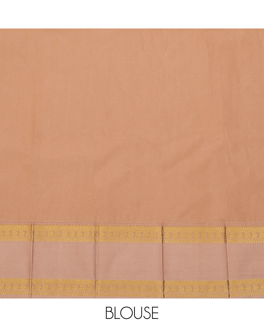 Orange Budget Silk Saree Adorned with Zari Buttas, Highlighted with a Contrast Traditional Zari Design Rettai Pettu Border, Subtle Pallu of Jaal Design, and Paired with a Contrast Blouse