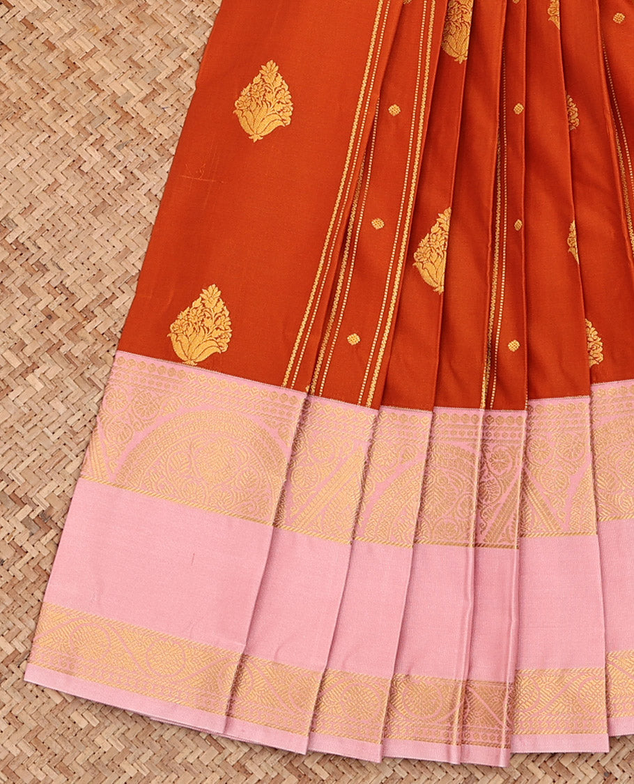 Orange Budget Silk Saree, Detailed with Zari Buttas All Over Its Body, Complemented by a Contrast Traditional Zari Design Rettai Pettu Border, Sparsely Woven Pallu, and Paired with a Contrast Blouse
