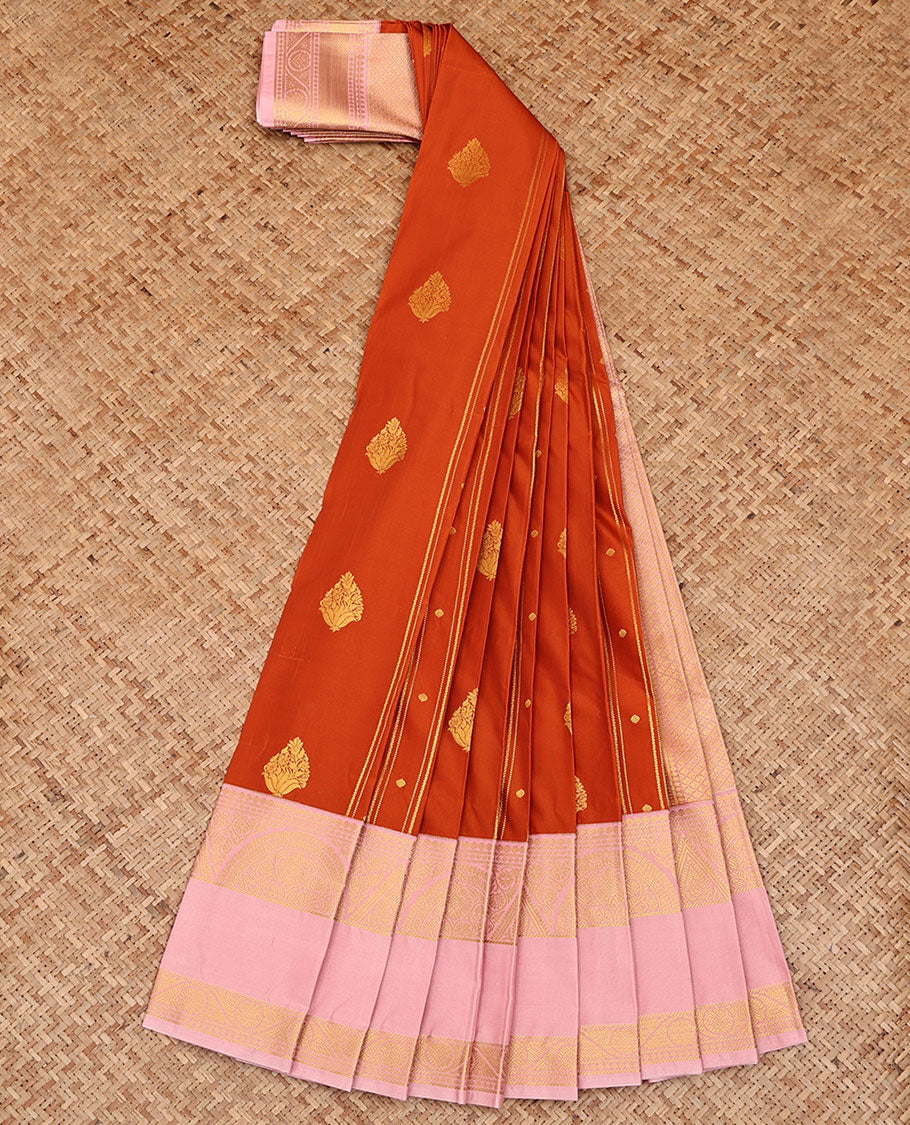 Orange Budget Silk Saree, Detailed with Zari Buttas All Over Its Body, Complemented by a Contrast Traditional Zari Design Rettai Pettu Border, Sparsely Woven Pallu, and Paired with a Contrast Blouse