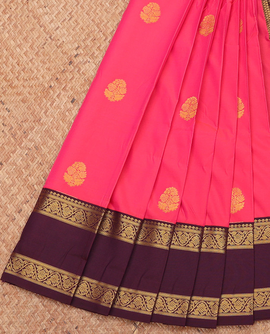 Pink Budget Silk Saree, Embellished with Zari Buttas, Complemented by a Contrast Traditional Zari Rettai Pettu Border, Grand Pallu, and a Contrast Blouse
