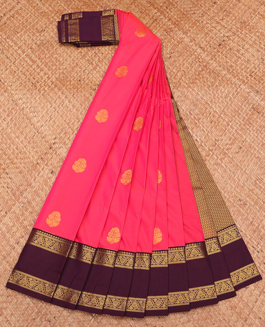 Pink Budget Silk Saree, Embellished with Zari Buttas, Complemented by a Contrast Traditional Zari Rettai Pettu Border, Grand Pallu, and a Contrast Blouse