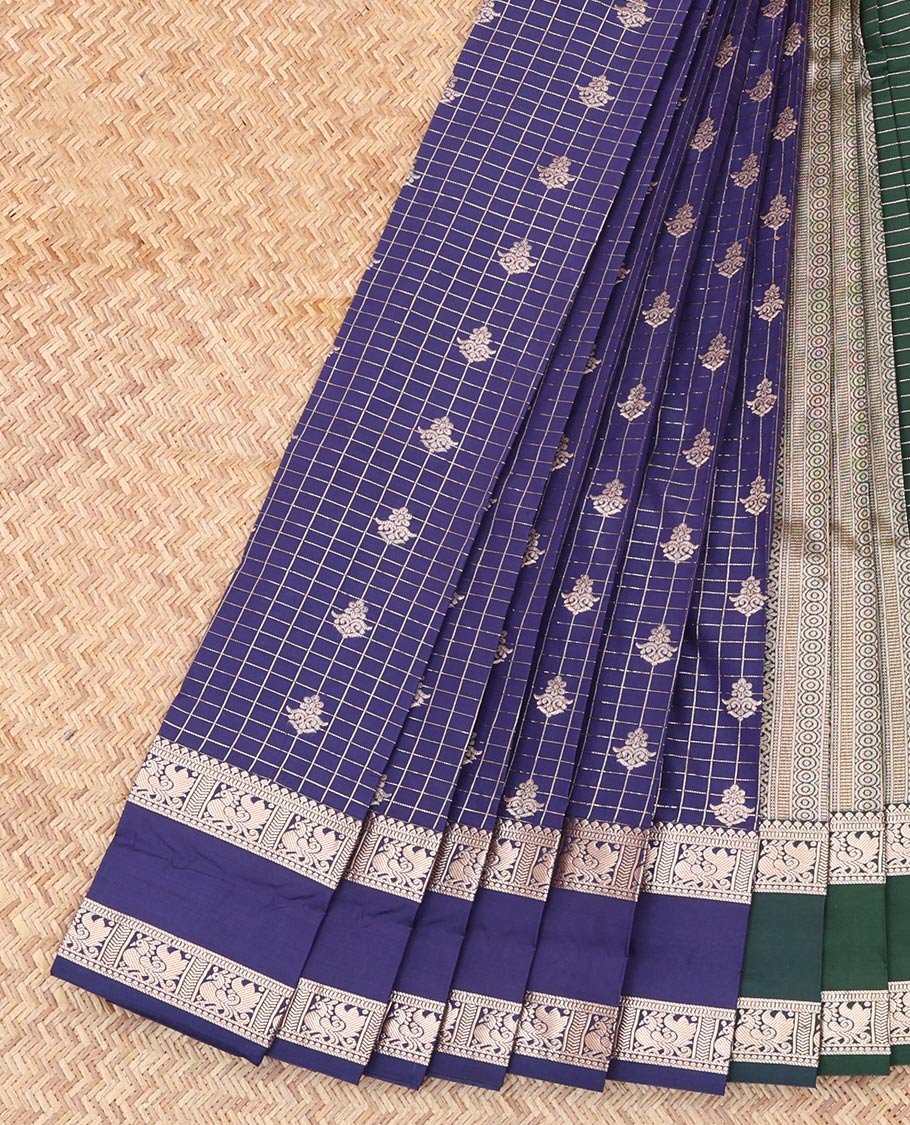 Blue Budget Silk Saree, Ornamented with Checks and Buttas, Highlighted by Traditional Rettai Pettu Zari Border, a Contrast Grand Pallu and a Contrast Blouse