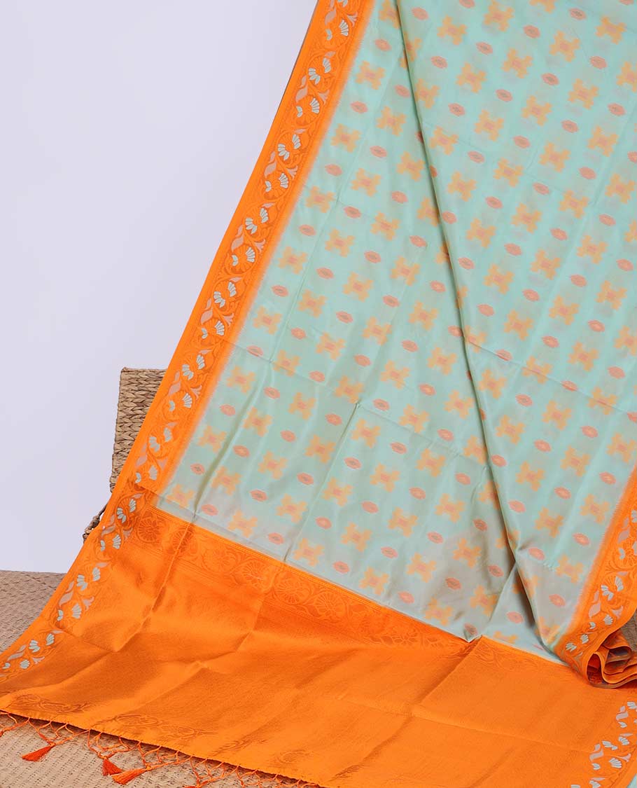 Blue ikkat geometric motifs butter silk saree with contrast floral zari border & intricate floral zari pallu