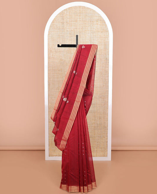 Maroon floral design chanderi cotton saree with self zari border & striped, floral design pallu