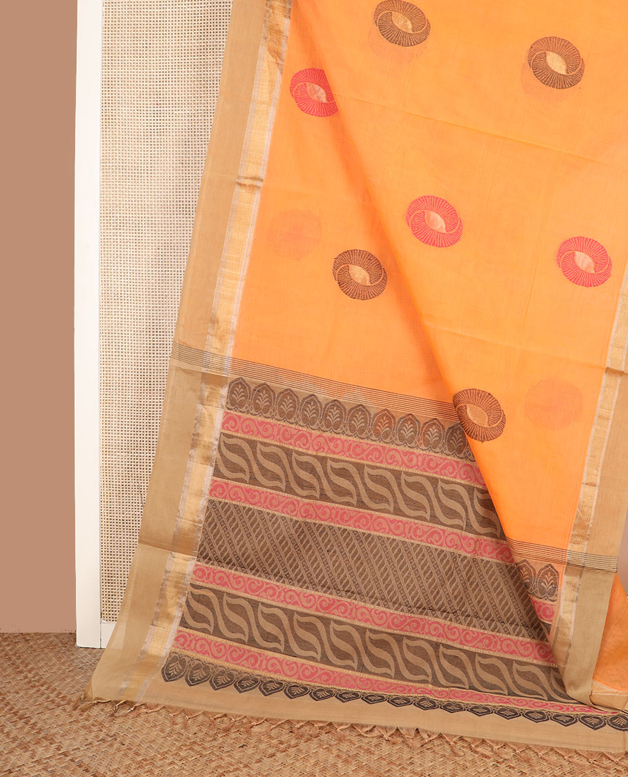 Orange buttas mixed cotton saree, contrast border, and geometric printed pallu