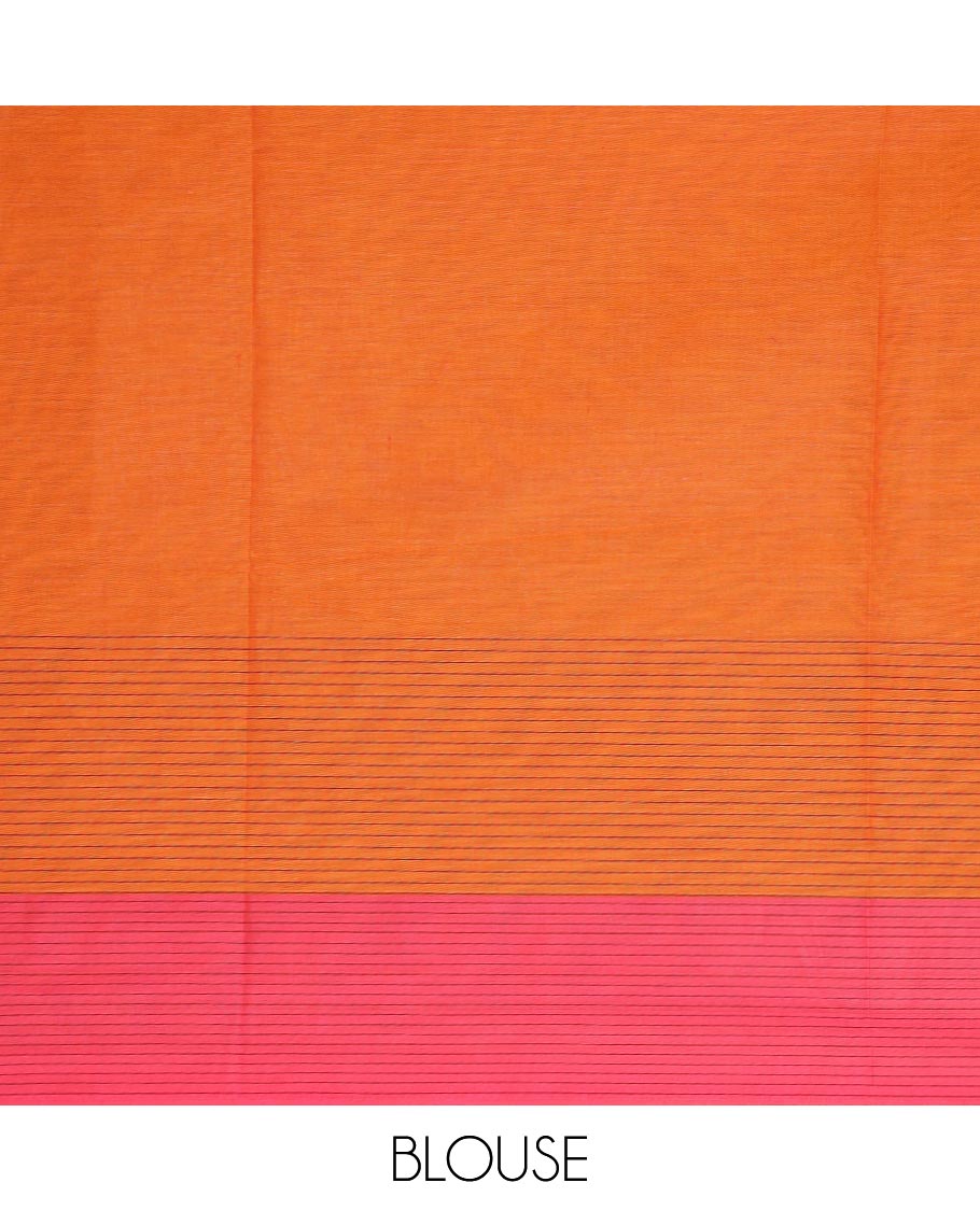 Orange dotted stripes & tree motifs Coimbatore cotton saree, contrast checked tree motif border & pallu of floral motifs
