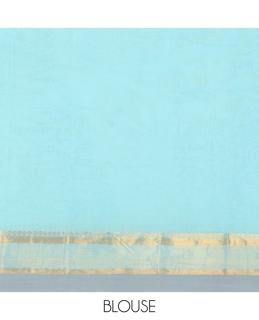 Baby blue buttas kanchi cotton saree, contrast border of paisleys, and floral motif pallu