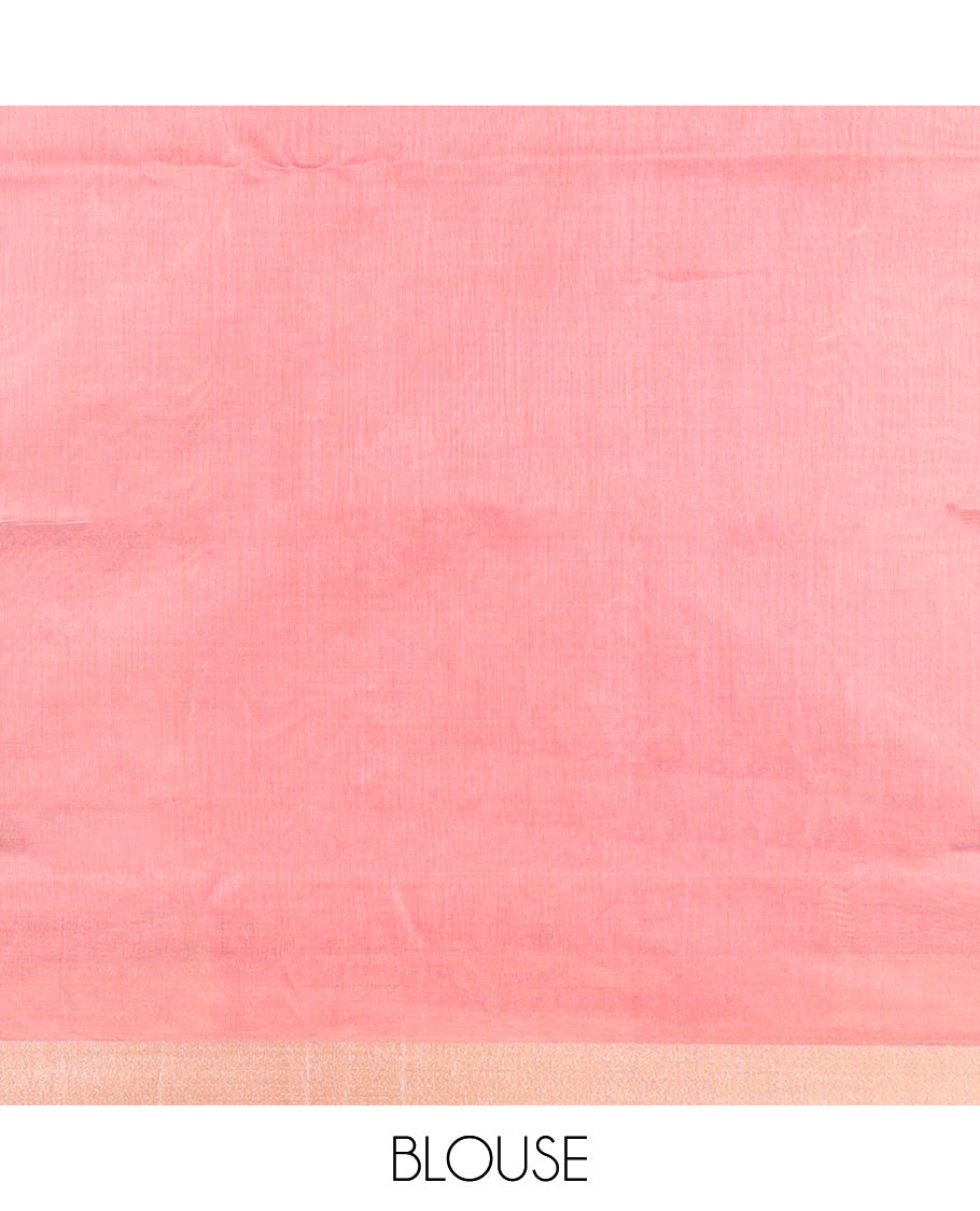 Pastel pink floral embroidered chirala cotton saree, plain border, and contrast kalamkari floral and birds printed pallu