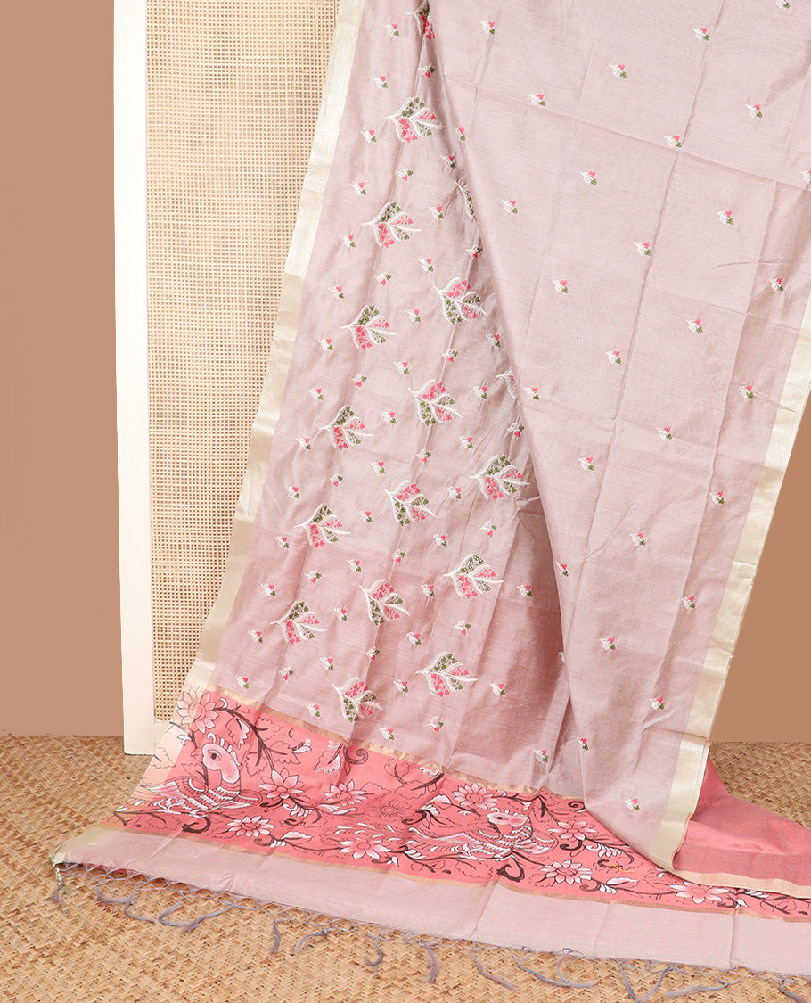 Pastel pink floral embroidered chirala cotton saree, plain border, and contrast kalamkari floral and birds printed pallu