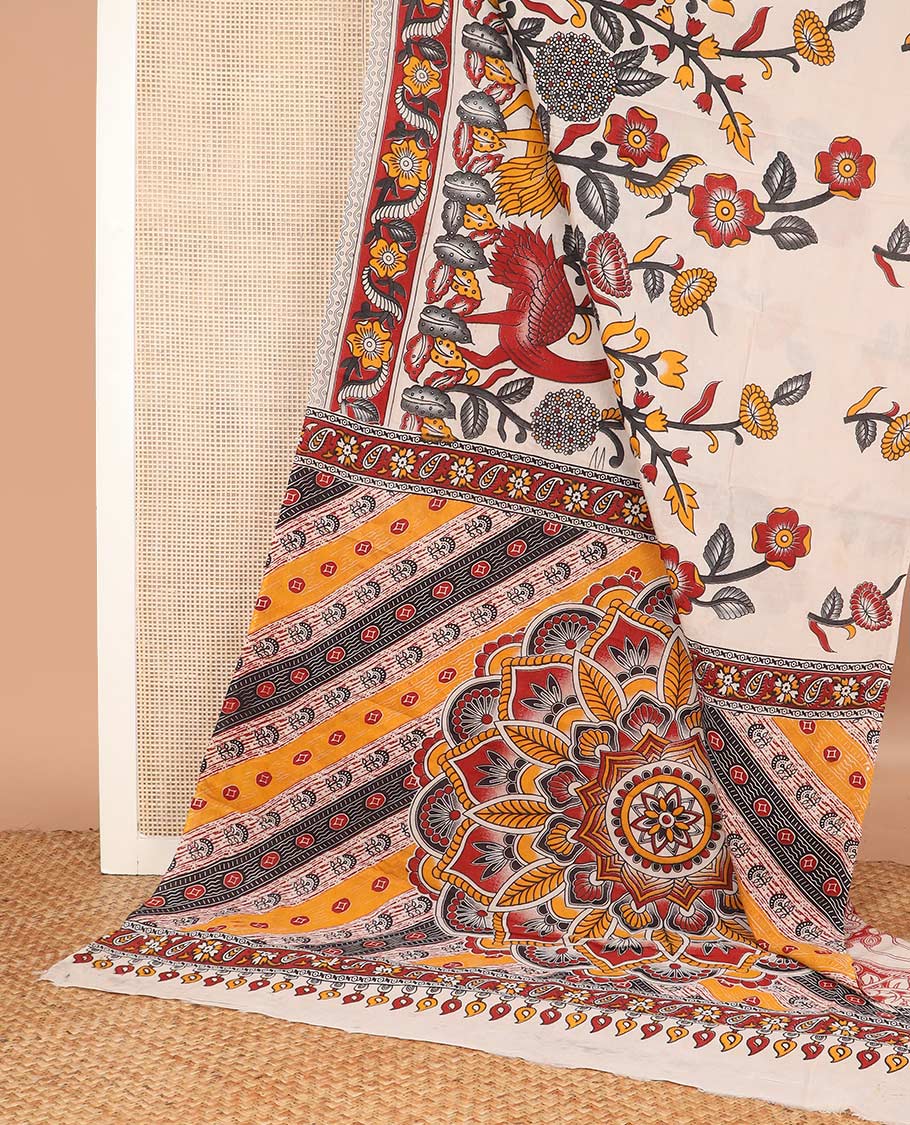 Cream floral and bird machine printed kalamkari cotton saree, contrast floral printed border, and rangoli style motifs pallu