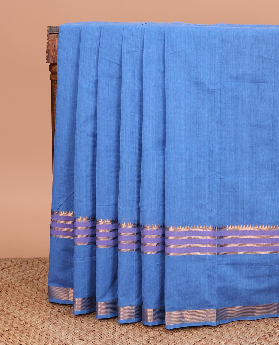 Blue plain Mangalgiri cotton saree, temple zari border, striped pallu, and contrast temple zari blouse