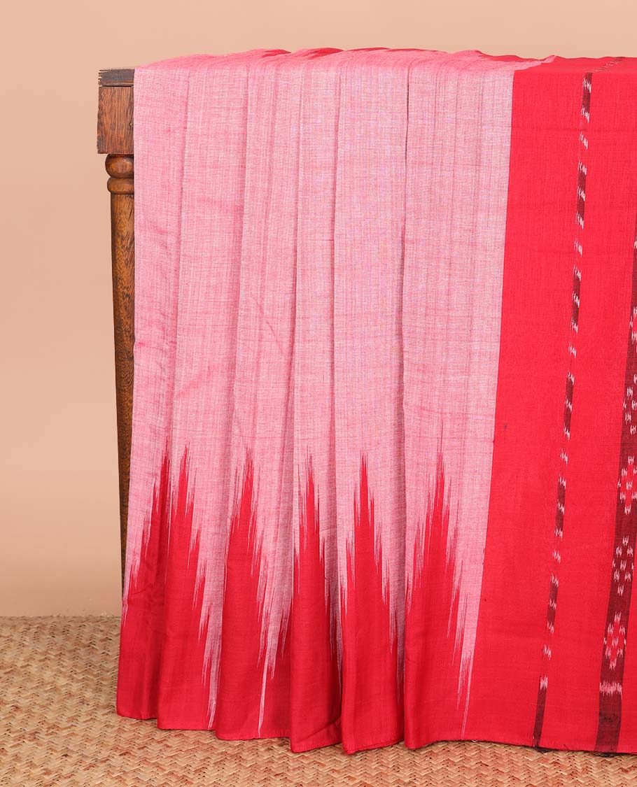 Pink plain ikkat cotton saree, contrast temple border, and contrast ikkat woven pallu