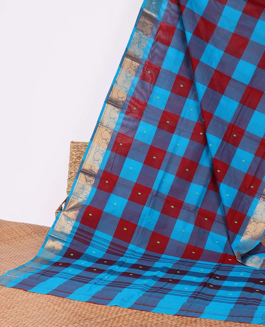 Blue-Red butta enclosed checked Chettinad cotton saree, traditional zari design border & striped pallu