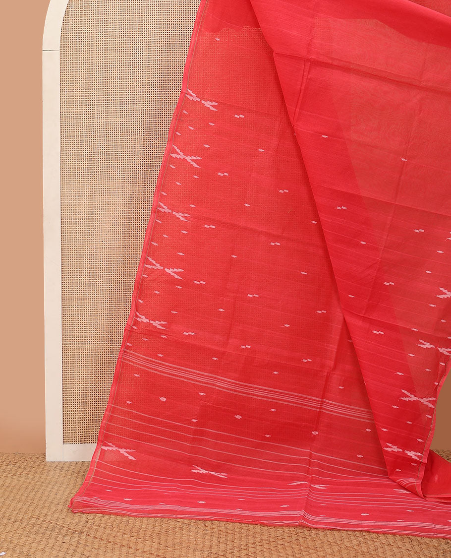 Borderless light red buttas Bengal cotton saree, self-pallu of stripes & buttas
