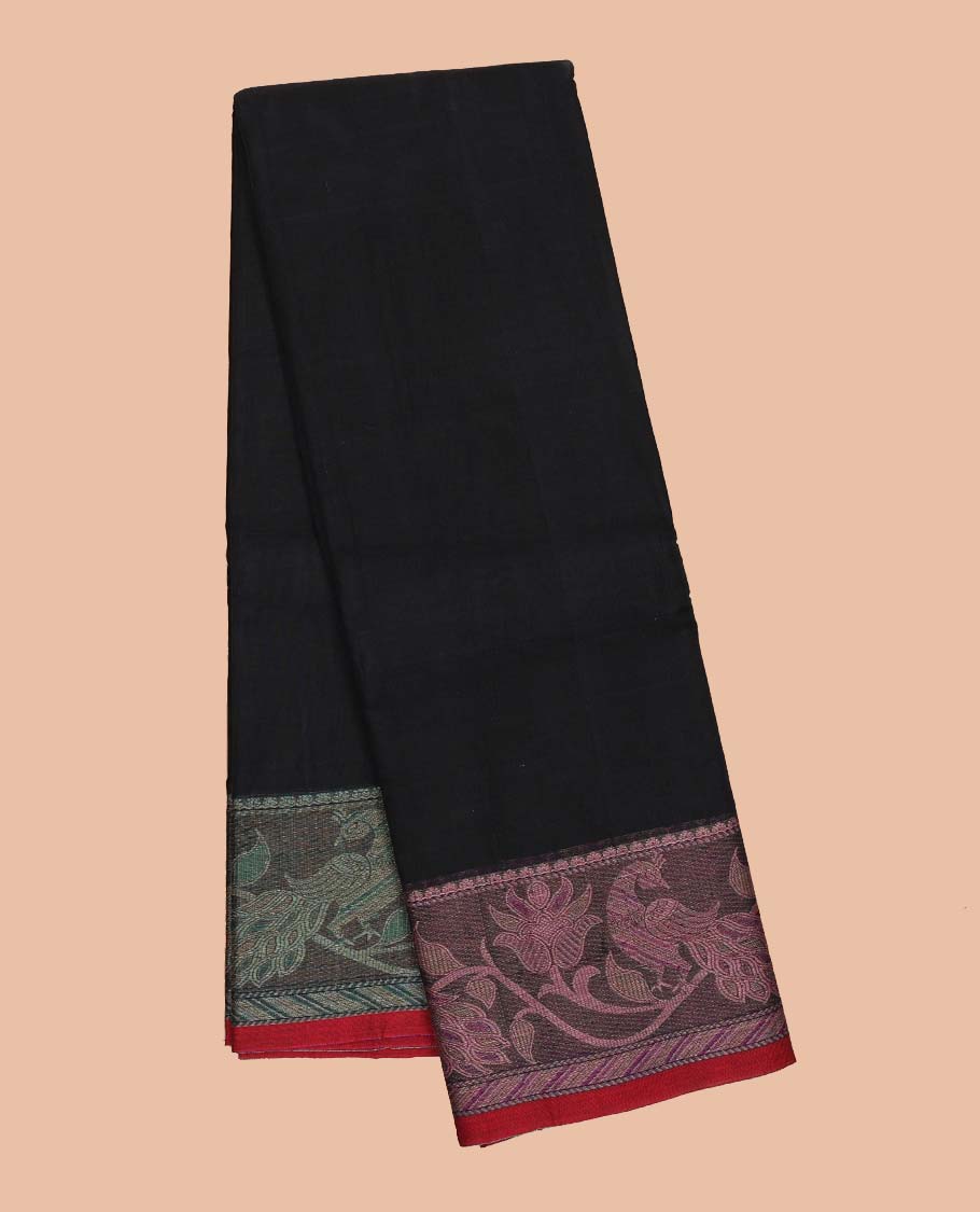 Black plain design Narayanapet cotton saree, contrast ganga jamuna leaf creeper border & striped pallu