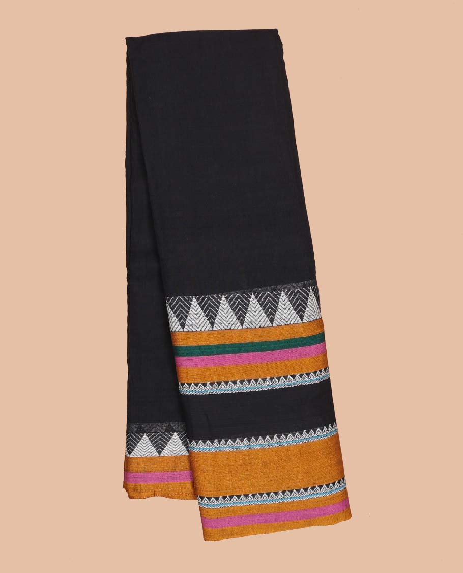 Black plain Narayanapet cotton saree, contrast traditional design border & striped pallu
