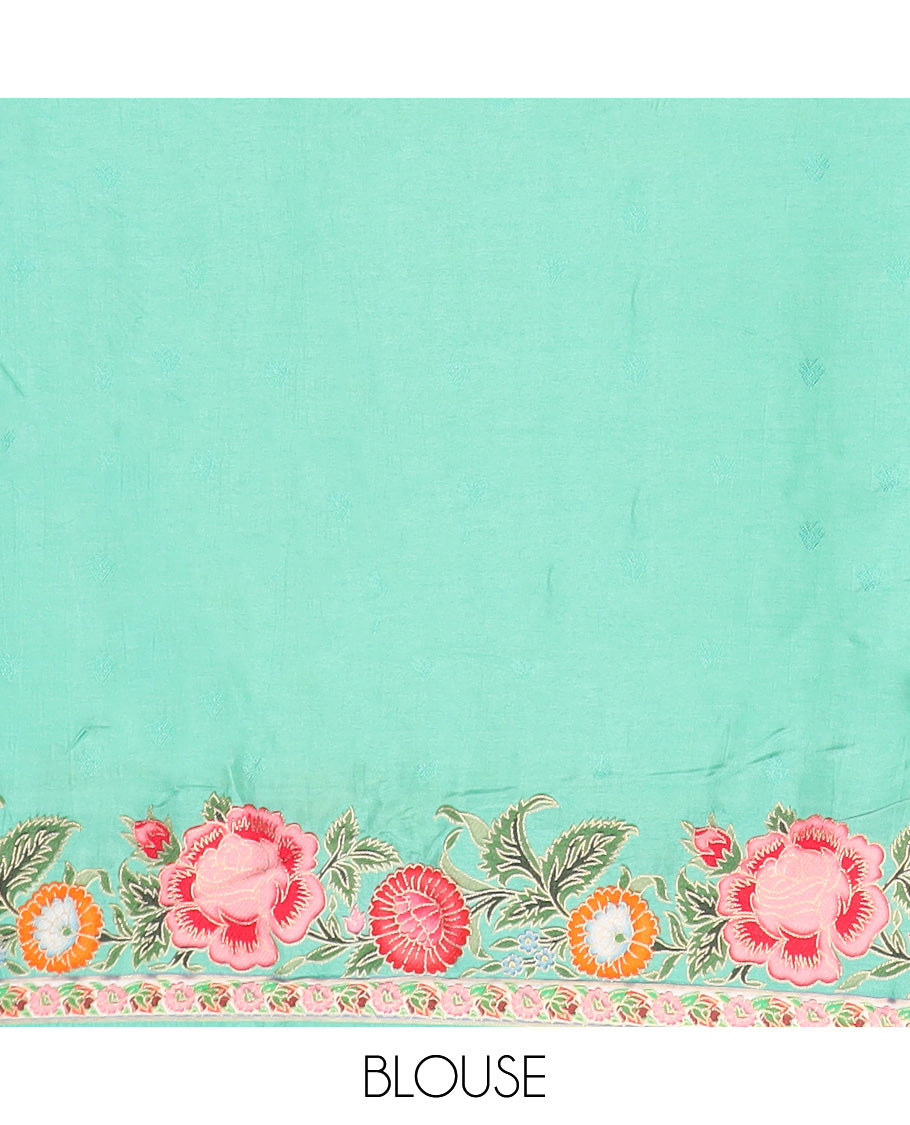 Cream and pastel blue floral buttas dola silk saree, colorful floral design steeped border, and pallu