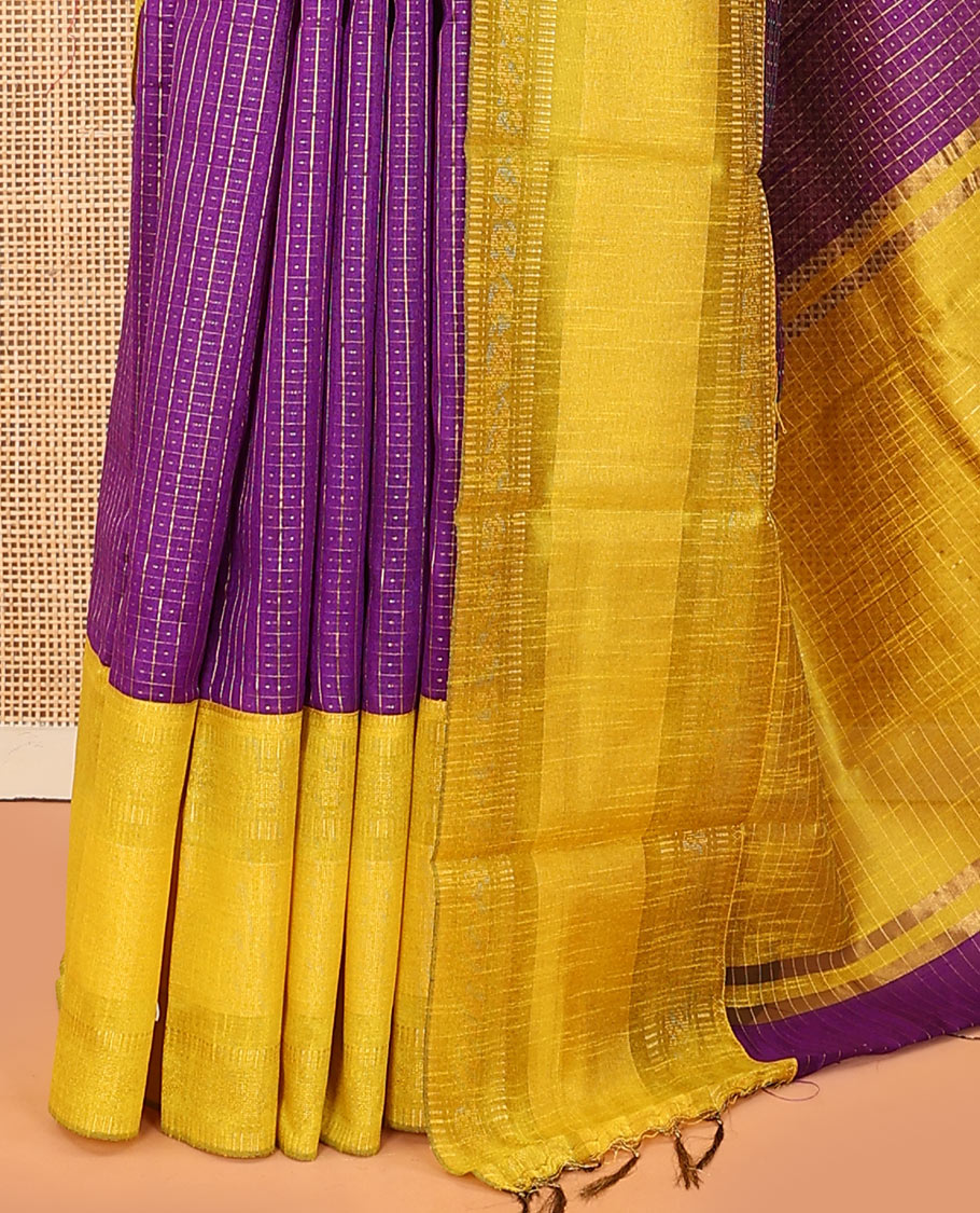 Purple butta enclosed checked dupion saree, contrast traditional border, and zari striped pallu