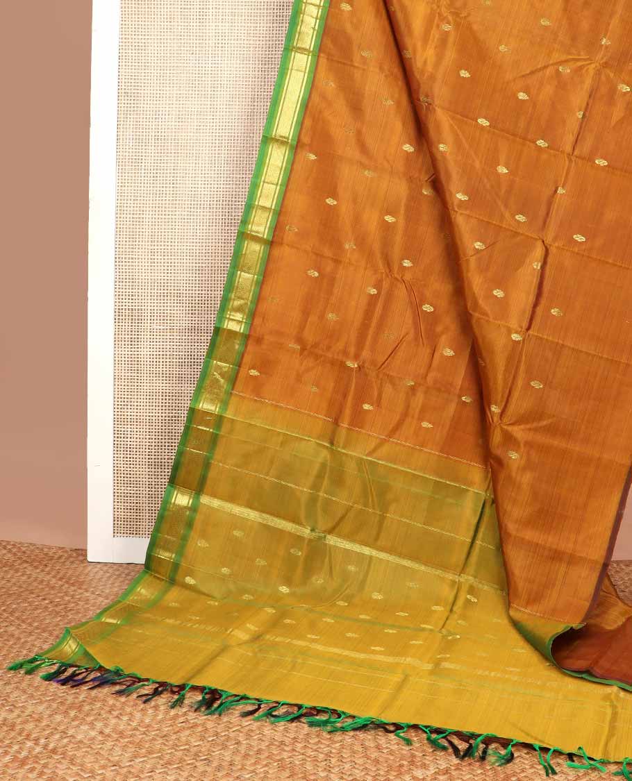 Brown buttas kancheepuram silk saree with contrast zari design border & zari design pallu