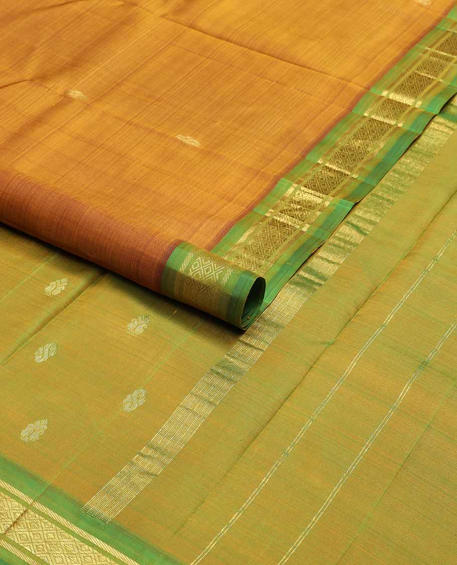 Brown buttas kancheepuram silk saree with contrast zari design border & zari design pallu