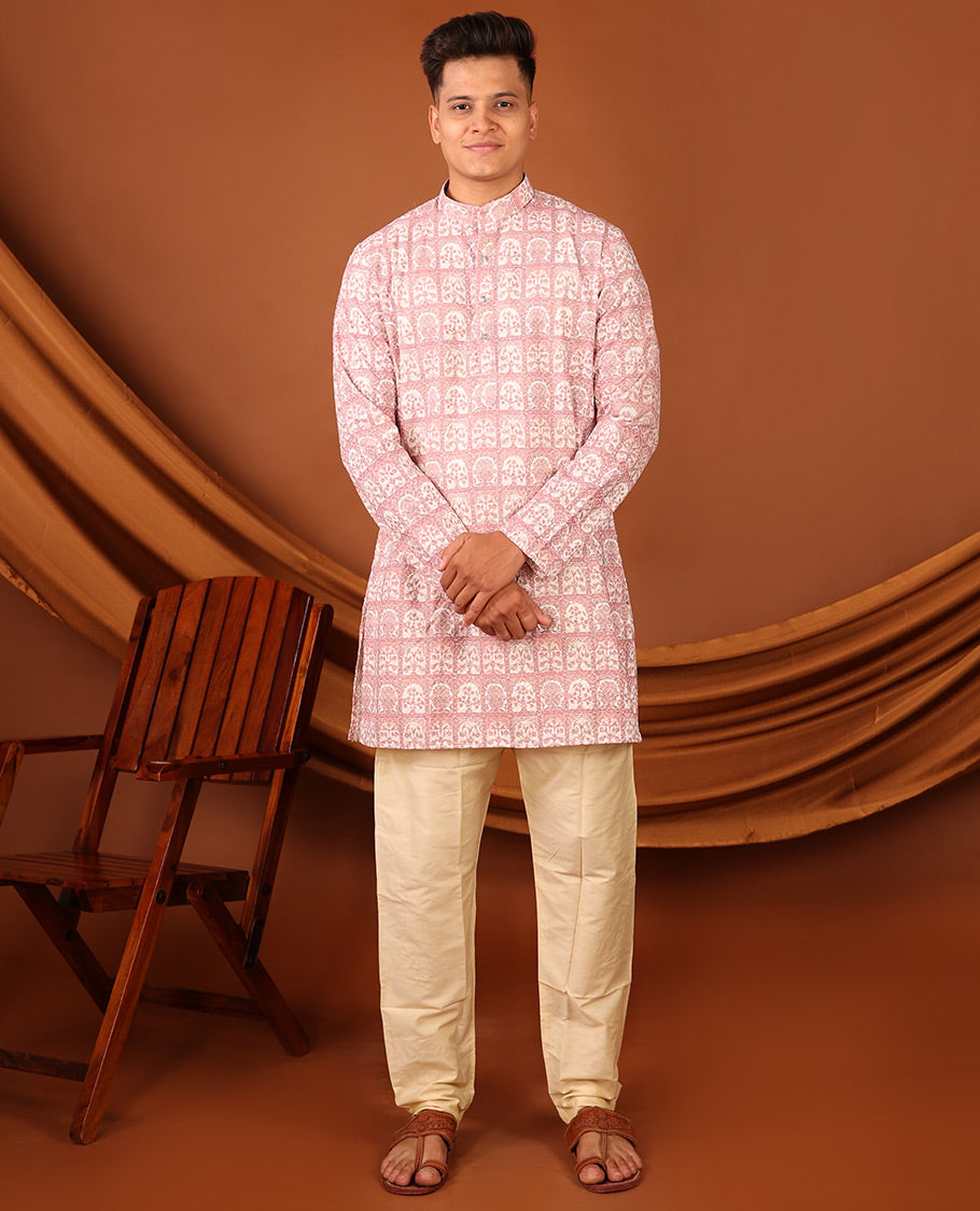 Pink Floral Butta Enclosed Arches Printed Full-Sleeved Men's Kurta