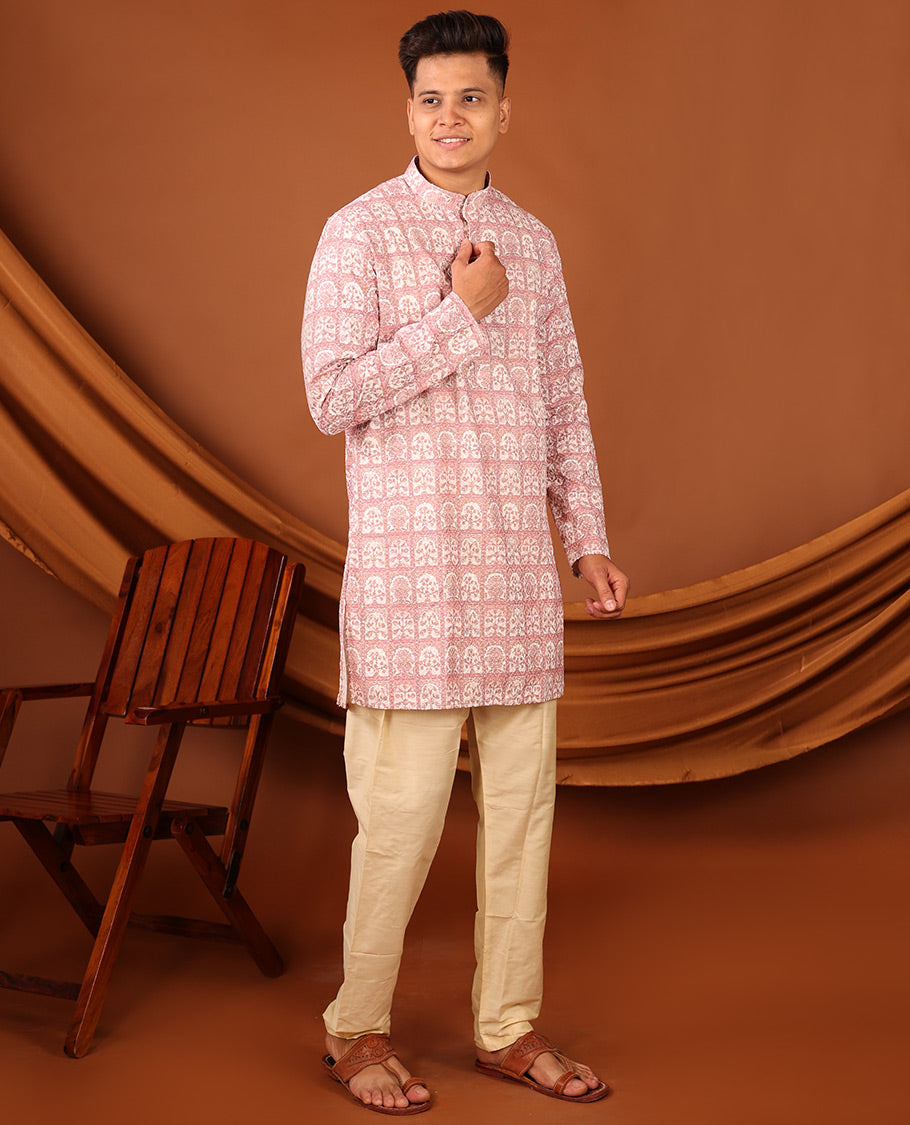 Pink Floral Butta Enclosed Arches Printed Full-Sleeved Men's Kurta