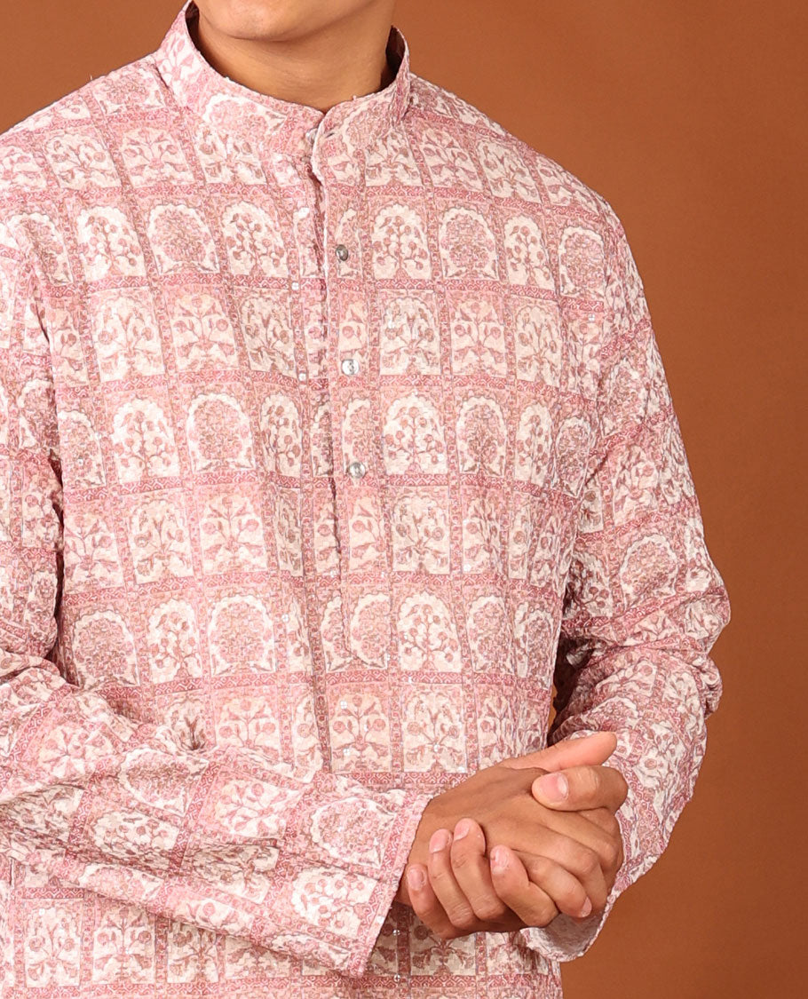 Pink Floral Butta Enclosed Arches Printed Full-Sleeved Men's Kurta