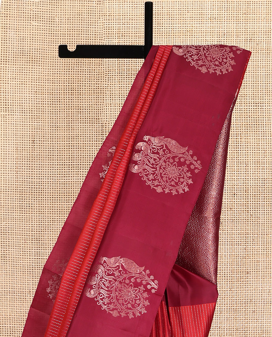 Red Mayuri Soft Silk Saree, Gleamed up with Vaira Oosi Stripes On Its Body, Complemented by Contrast Border of Floral and Peacock Designs, Grand Jaal Pallu and Paired with a Contrast Blouse