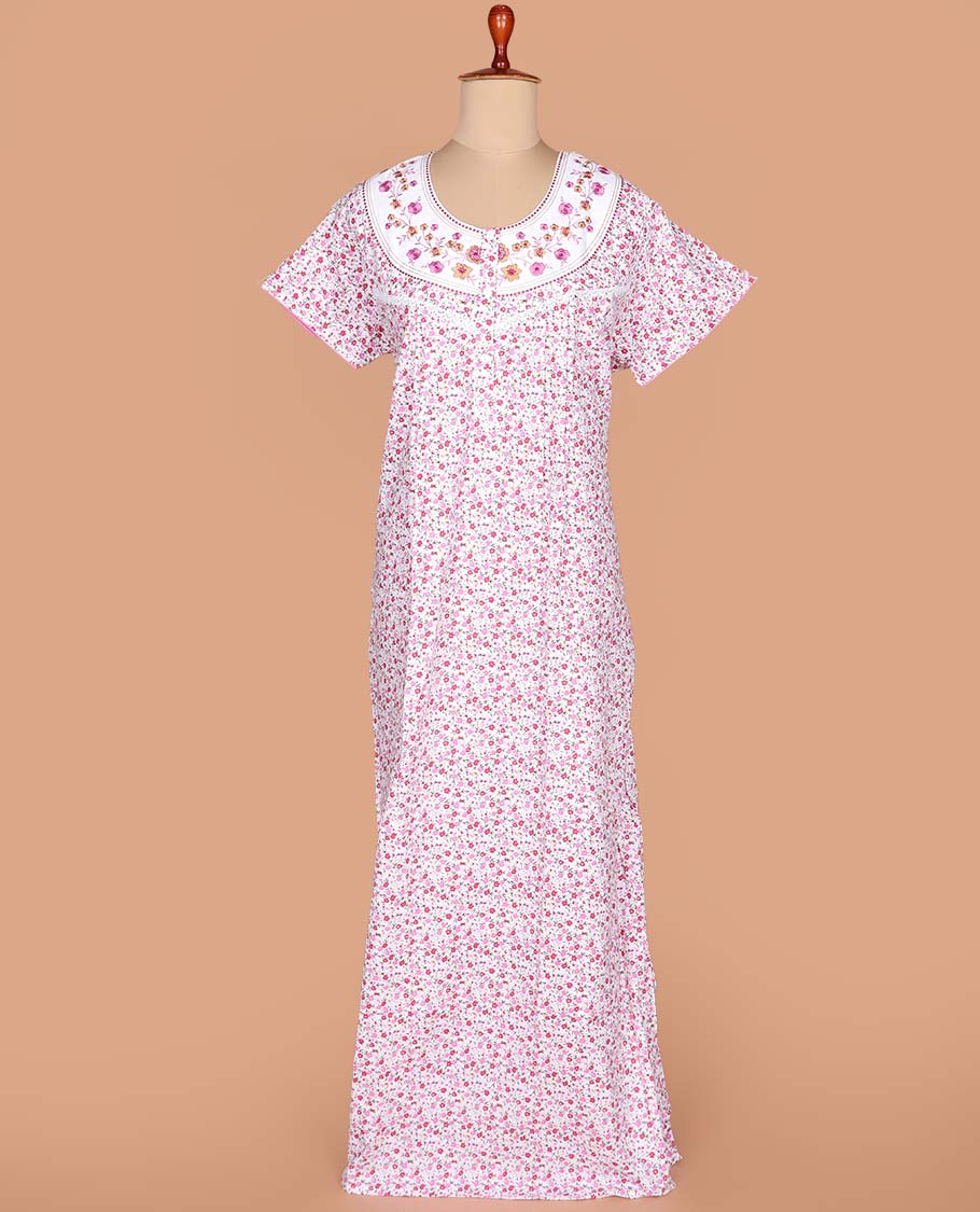 White-pink floral vine printed with neck floral embroidered half-sleeve round neck cotton nighty