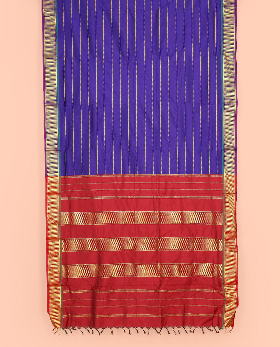 Blue Ten-Yard Art Silk Saree Adorned with Neli Stripes on Its Body, Complemented by a Contrast Traditional Ara Maadam Border, and Pallu Elevated with Traditional Ara Maadam Designs