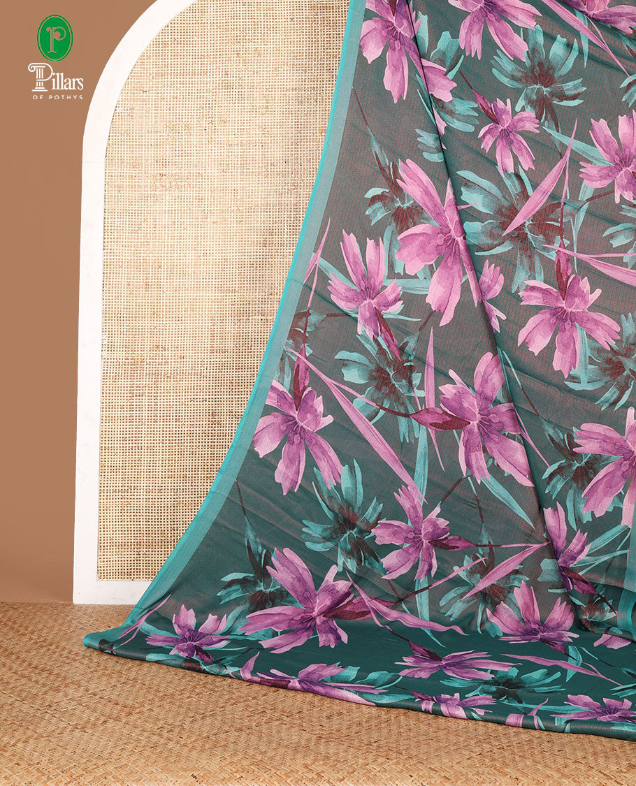 Borderless mehendi green floral digital print brasso saree with self pallu along with printed blouse