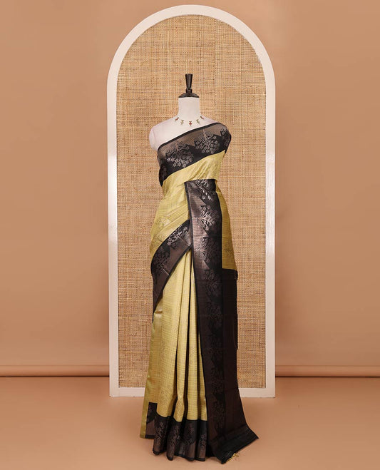 Yellow zari checked & floral buttas kanchi silk saree,contrast satin border of floral zari motifs,intrictae pallu & contrast plain blouse