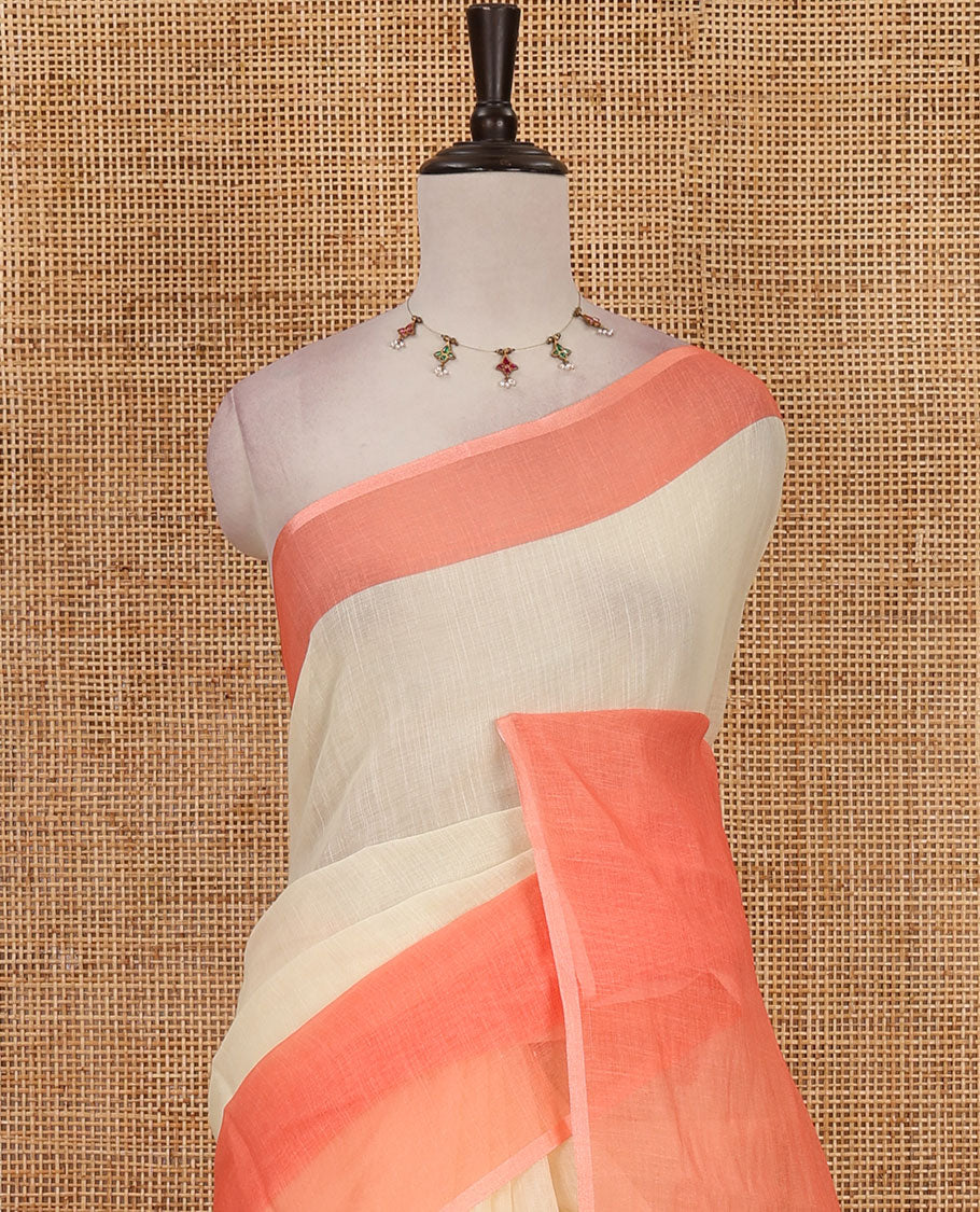 Cream full-plain linen saree, contrast big plain pink border & plain pallu & buttas printed matching blouse