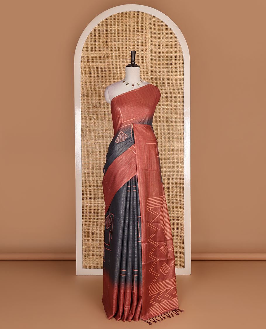 Borderless grey and pink zari stripes and geometric patterns printed soft tussar saree, geometric printed pallu, and contrast diamond motif printed blouse