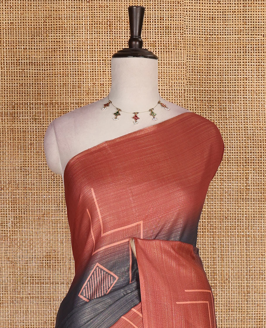 Borderless grey and pink zari stripes and geometric patterns printed soft tussar saree, geometric printed pallu, and contrast diamond motif printed blouse