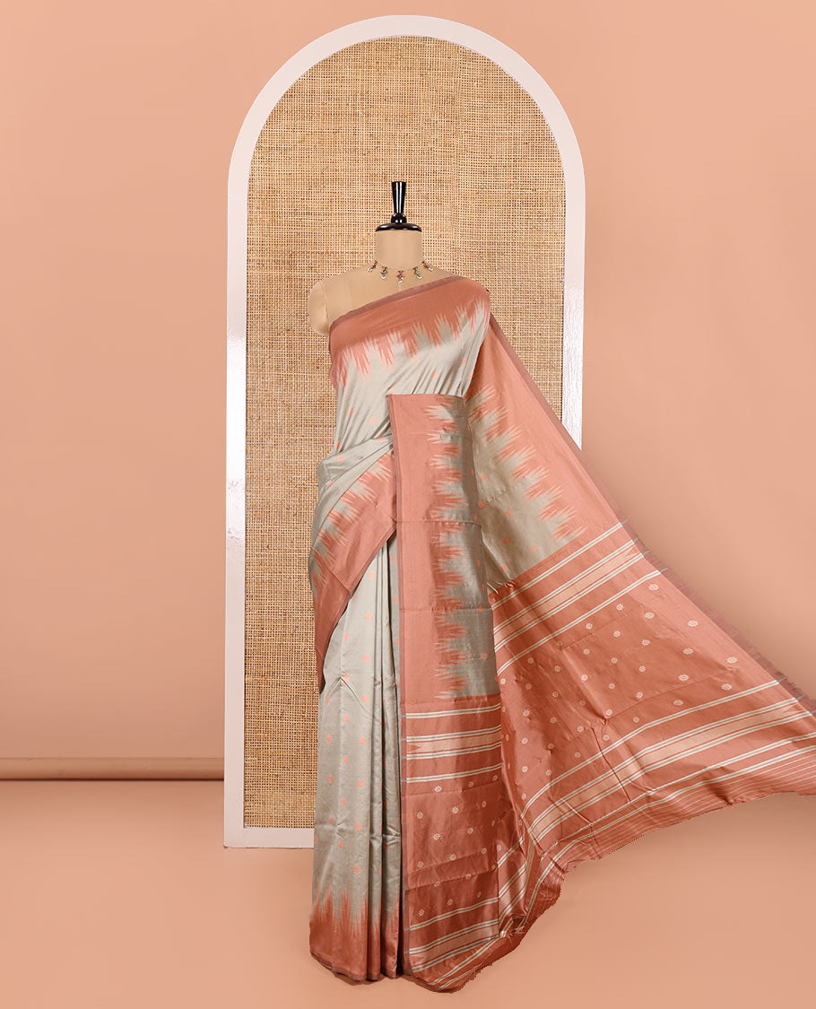 Grey Kanchi Silk Saree, Subtly Woven with Flower Buttas All Over Its Body, Complemented by a Contrast Temple Border, Pallu Mirrors the Same Floral Motifs, and Paired with a Contrast Blouse