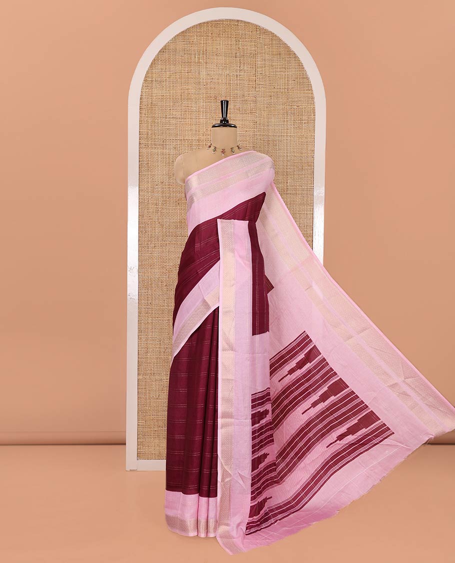 Wine Milan Moss Chiffon Saree, Subtly Sparkled with Stripes on Its Body, Complemented by a Contrast Geometric-Patterned Zari Border, Pallu of Stripes and Temple Designs, and Paired with a Contrast Blouse