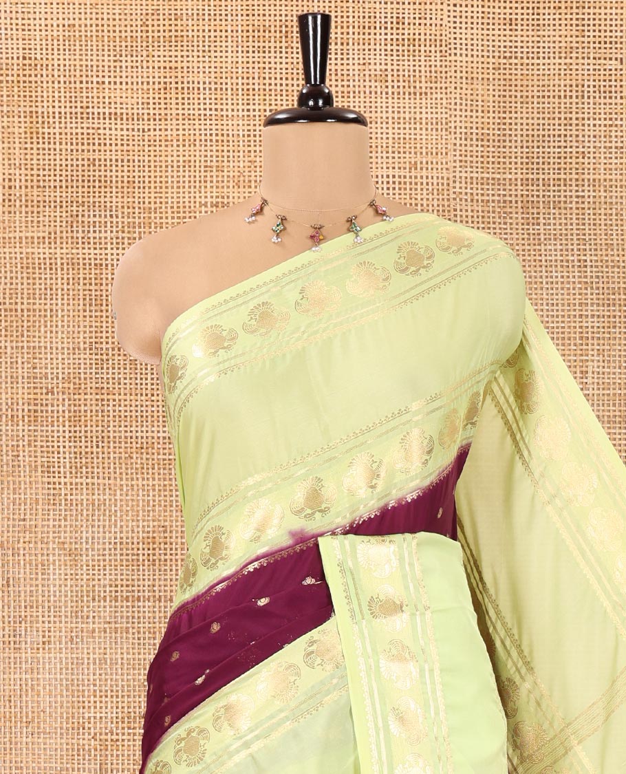 Purple Art Mysore Silk Saree, Accentuated with Zari Buttas All Over Its Body, Complemented by a Contrast Rettai Pettu Border of Two-Headed Eagle Designs, Pallu Steeped with Buttas and Stripes, and Paired with a Contrast Blouse