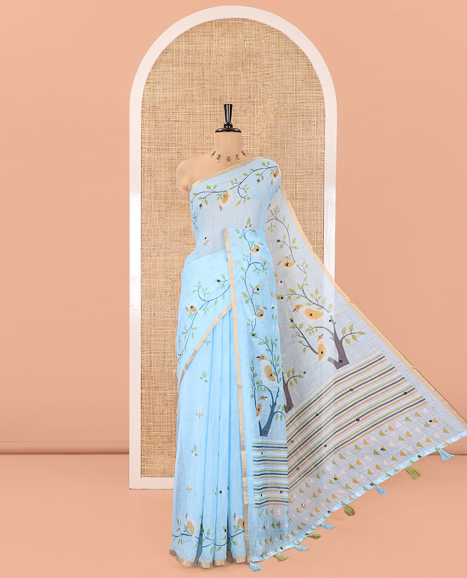 Blue Linen Cotton Saree, Decorated with Floral Vine Print and Mirror Work On Its Body, Subtle Piping Border, Pallu Steeped with Stripes, and Comes With a Contrast Blouse