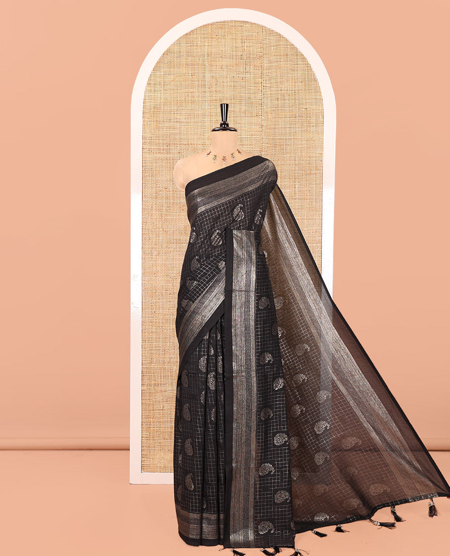 Black Vichitra Silk Saree Features Checks and Paisley Buttas, Highlighted by a Traditional Zari Border and Contrast Embroidered Blouse