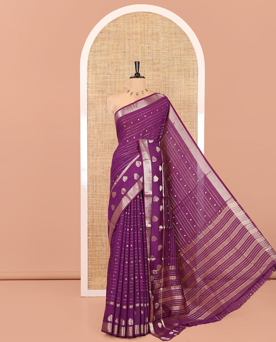 Violet Assam Silk Saree, Enriched with Zari Designs, a Traditional Zari Border, Striped Pallu, and a Matching Blouse