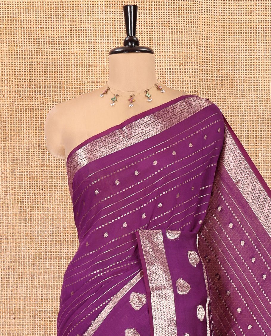 Violet Assam Silk Saree, Enriched with Zari Designs, a Traditional Zari Border, Striped Pallu, and a Matching Blouse