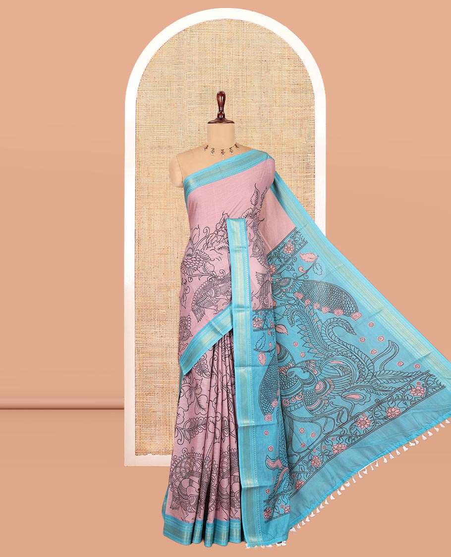 Onion Pink Mangalagiri Cotton Saree Features Kalamkari Flora-Fauna-Humans, a Contrast Border, and Printed Blouse